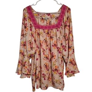 Pioneer Woman Pink Floral Square Neck Flowy Blouse, Plus Size 3X